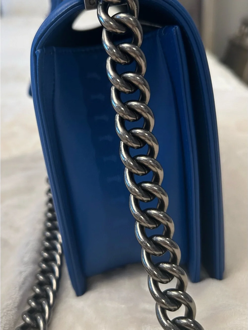 CHANEL Blue Chevron Quilted Shoulder Bag with Gunmetal Chain